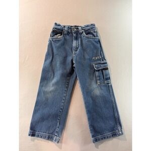 Vintage FUBU Cargo Jeans Kids Size 7 Blue Denim Y2K Baggy Pants